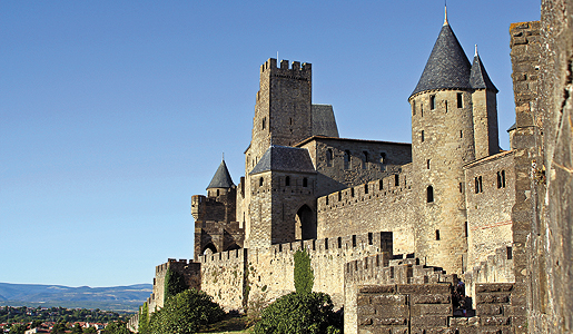 The fortified walls of medieval Carcassonne, France.