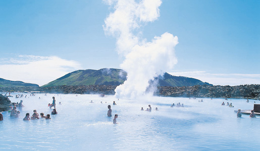 Iceland's Blue Lagoon contains hot water created by the harnessing of geothermal energy.