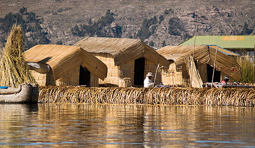 The hand-built island of Los Uros, floating on Lake Titicaca, in Peru.